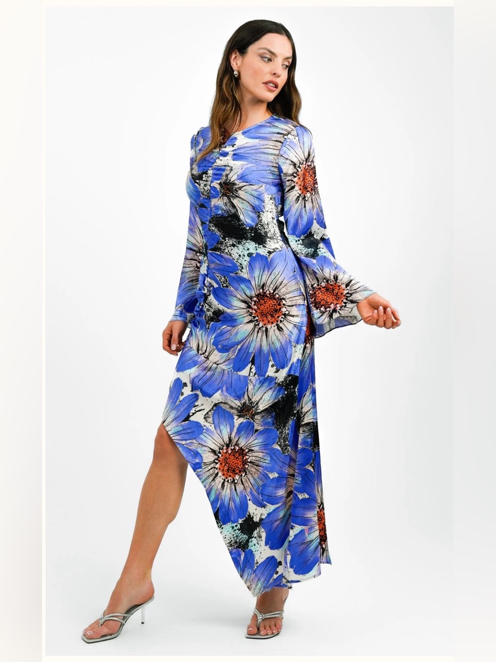 Blue Floral Asymmetrical Maxi Dress Long Sleeve Statement Print NWT